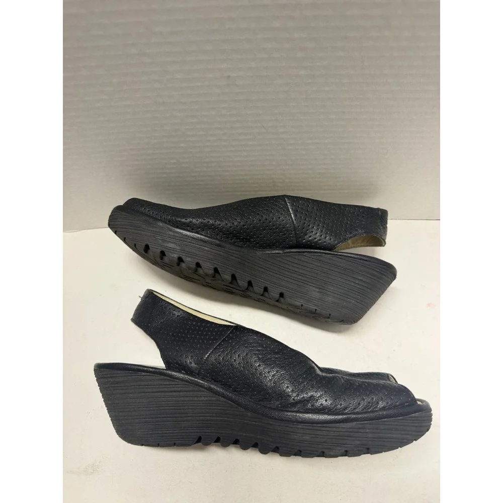 Fly London Yala Black Perforated Leather Peep Toe Wedge Slingback Sandals 40 9